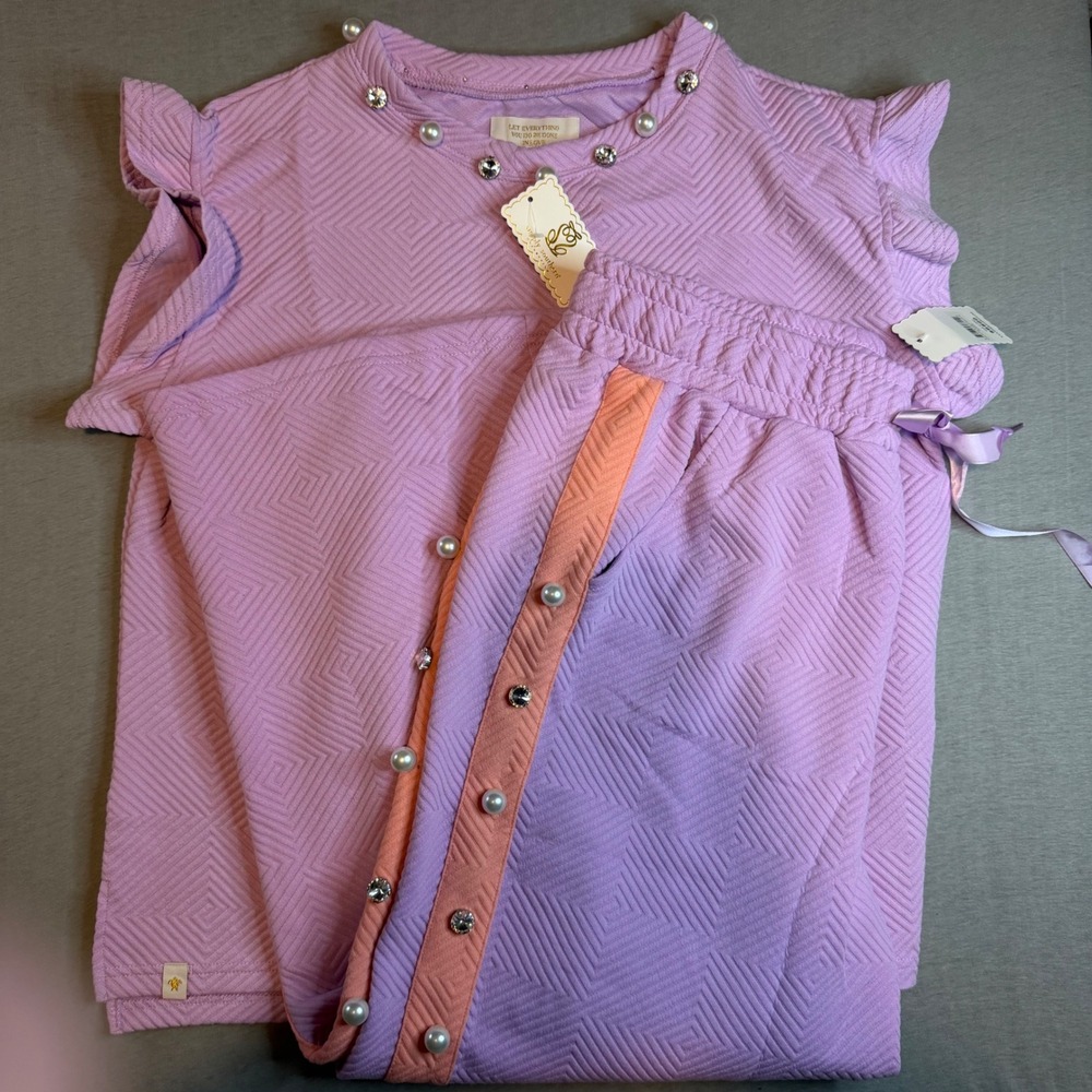 Simply Southern Quilted Lounge Set Orchid Purple Pearl Rhinestone Top L Pants XL